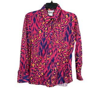 Finley Button Up Shirt Top Womens Small Pink Yellow Animal Print Leopard Cotton